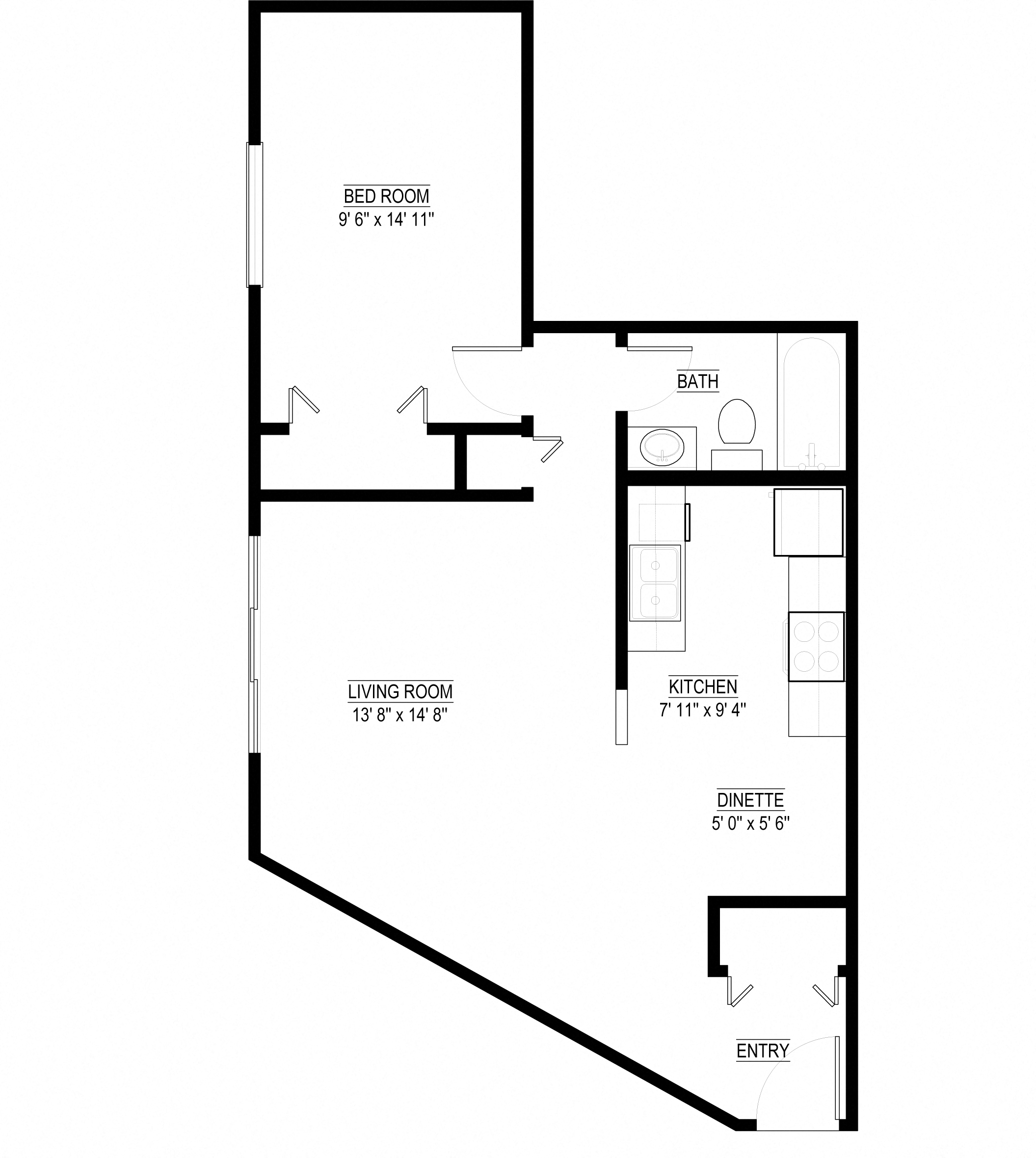 Floor plan for 1 bed, 1 bath, 680 sqft